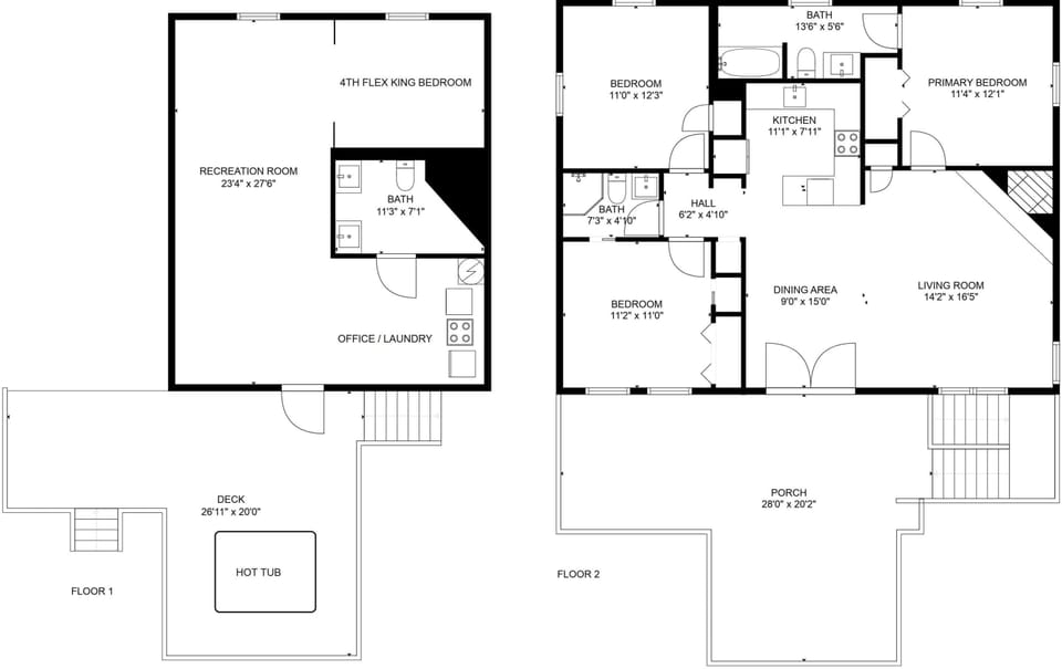 Floor Plan of the split level house w exterior deck stairs