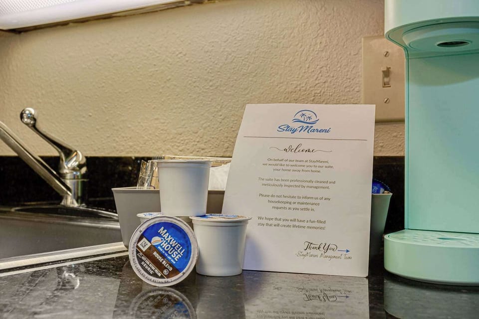 Start your day right with a complimentary coffee and tea station in your room. 
