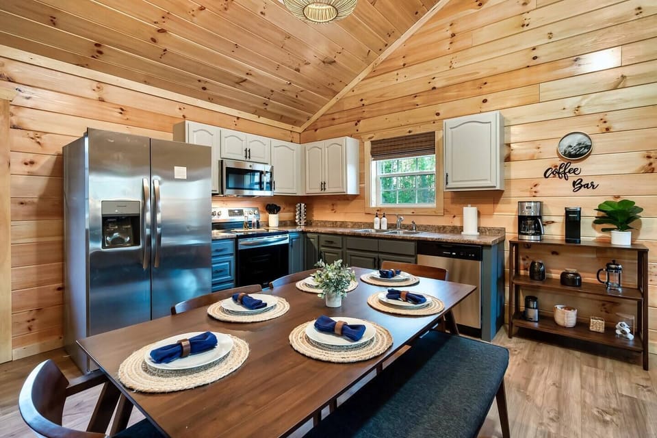 Our dining room table seats 6. +Fully stocked kitchen.