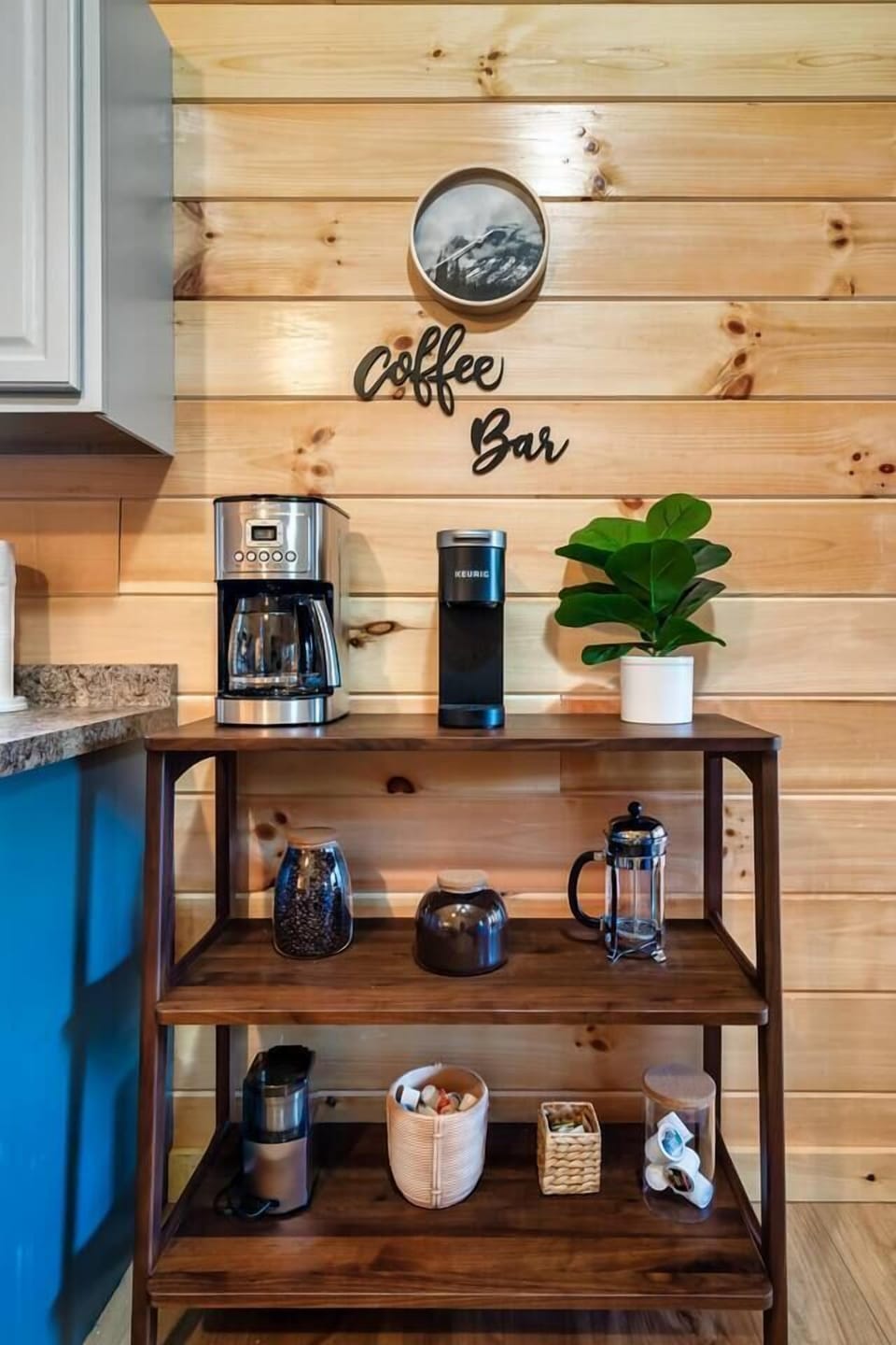 Coffee BAR!! Keurig, Cuisinart Coffee Maker, French Press, Coffee Grinder! Bar is stocked with coffee beans, coffee grinds, Keurig cups, assorted creamers and assorted sugar/sugar substitutes! 