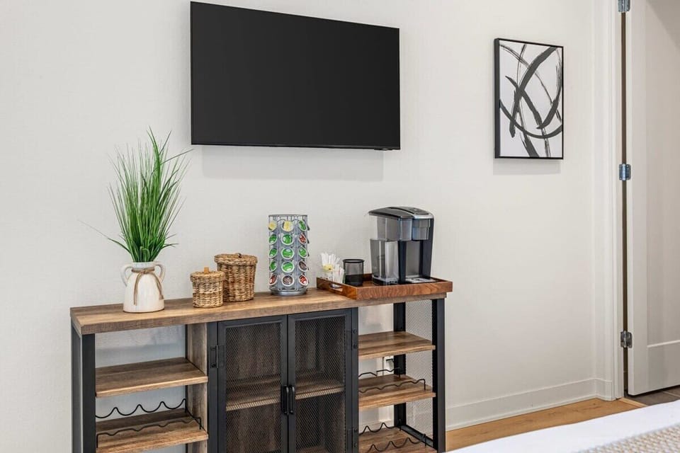 Casita corner with TV and coffee bar—guests enjoy their own private space.