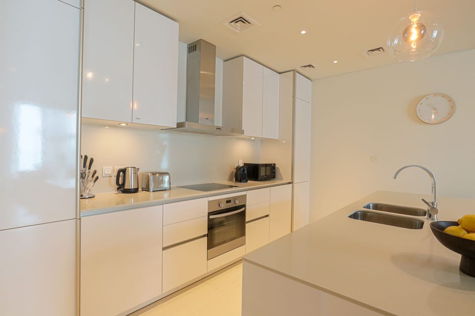 Deluxe Apartment | Private kitchen | Fridge, microwave, oven, stovetop