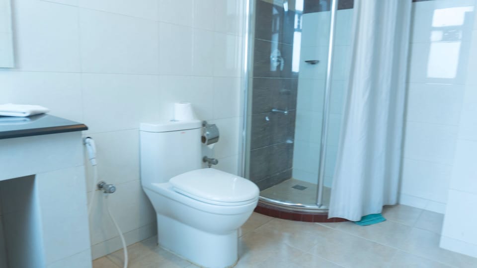 Shower, rainfall showerhead, free toiletries, towels
