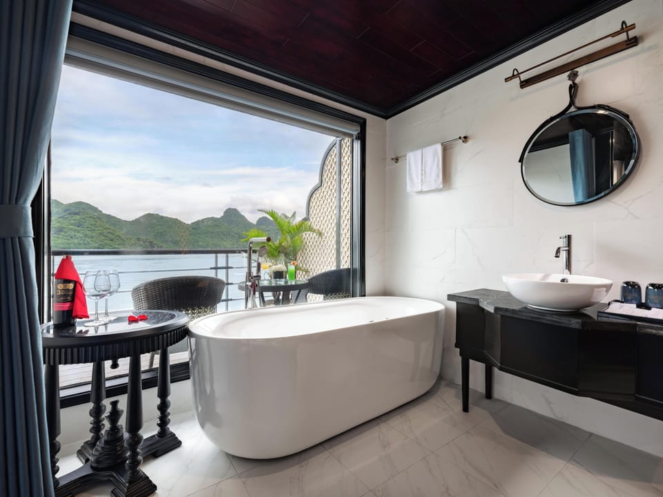Honeymoon Cabin | Bathroom | Separate tub and shower, deep soaking tub, rainfall showerhead