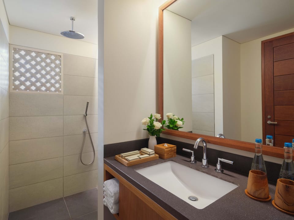 Shower, hydromassage showerhead, bathrobes, slippers