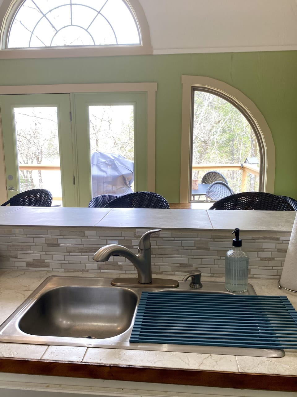 Kitchen looks out to the deck.