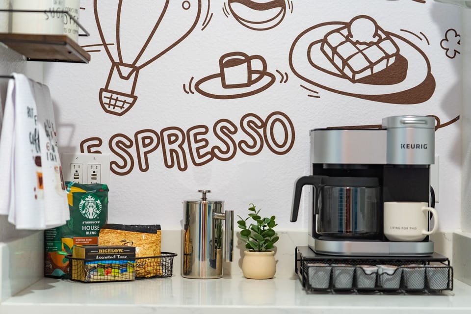 Enjoy our coffee/tea bar with the French Press, 12 Cup Drip and Keurig.