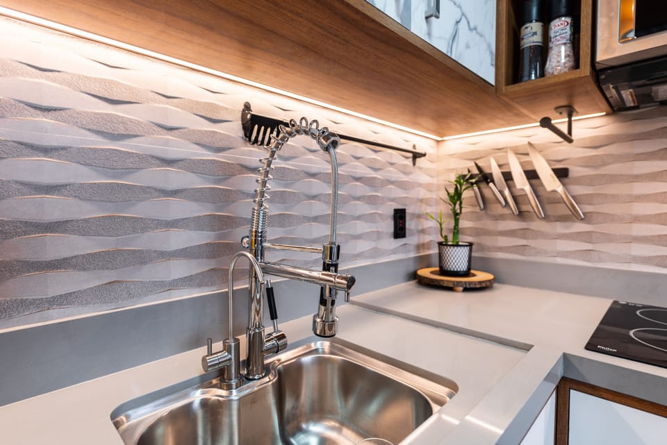 Luxury Apartment | Private kitchen | Full-size fridge, microwave, oven, stovetop
