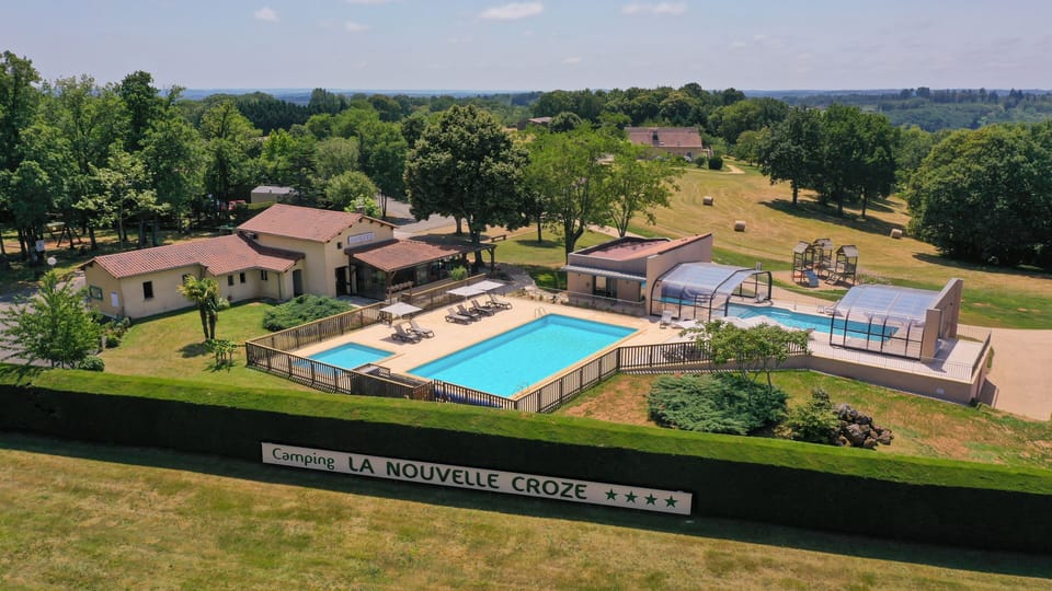 Aerial shot of a pool and garden landscape
