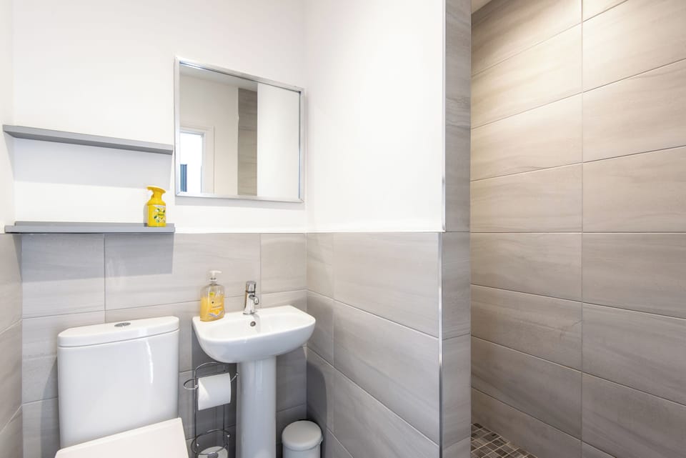 Shower, rainfall showerhead, soap, toilet paper