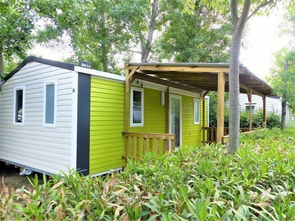 A cheerful green cabin in a peaceful garden.