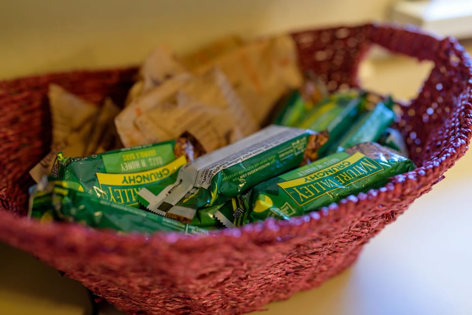 Breakfast bars and instant oatmeal are provided