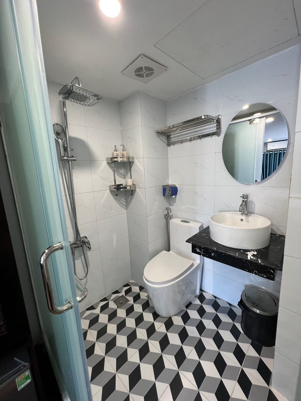 Shower, hydromassage showerhead, designer toiletries, hair dryer