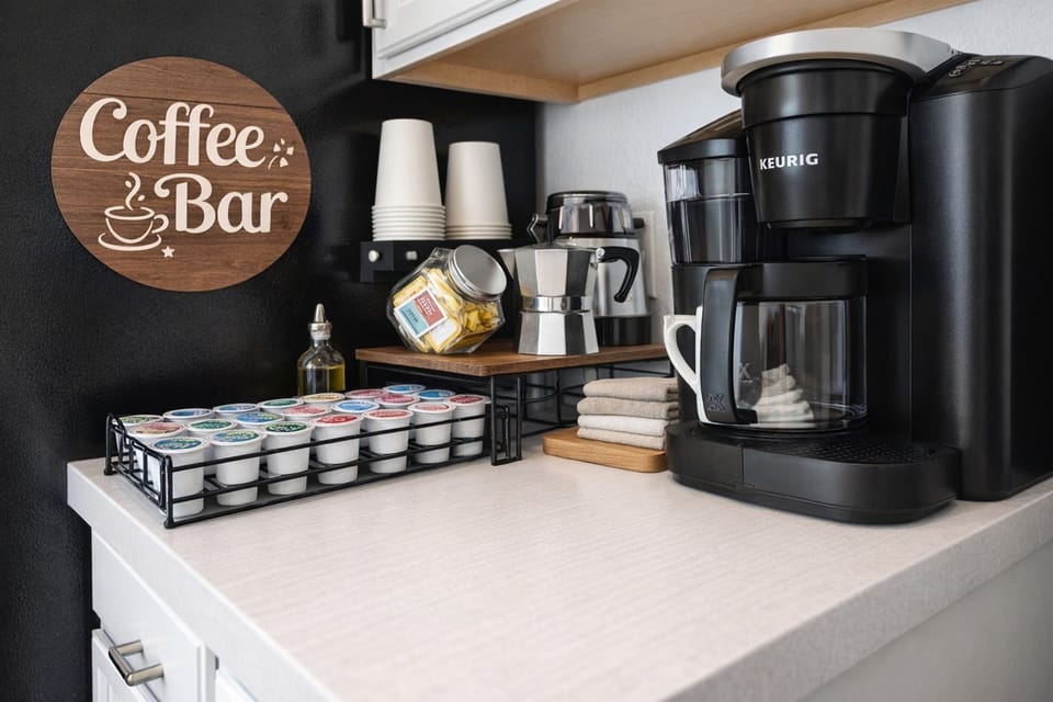 Fully stocked coffee bar setup with multiple brewing options, pods, beans, grinder, french press, coffee, tea, decaf its all there for you!