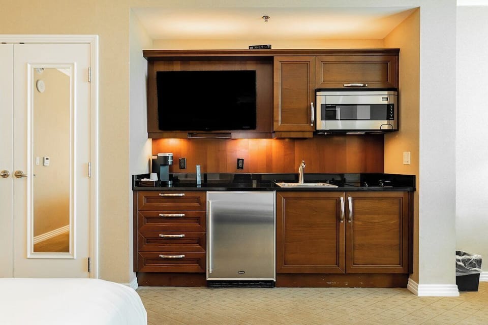 Kitchenette with fridge,  microwave and cooktop. Only a few strip hotels offer kitchen conveniences in the room.