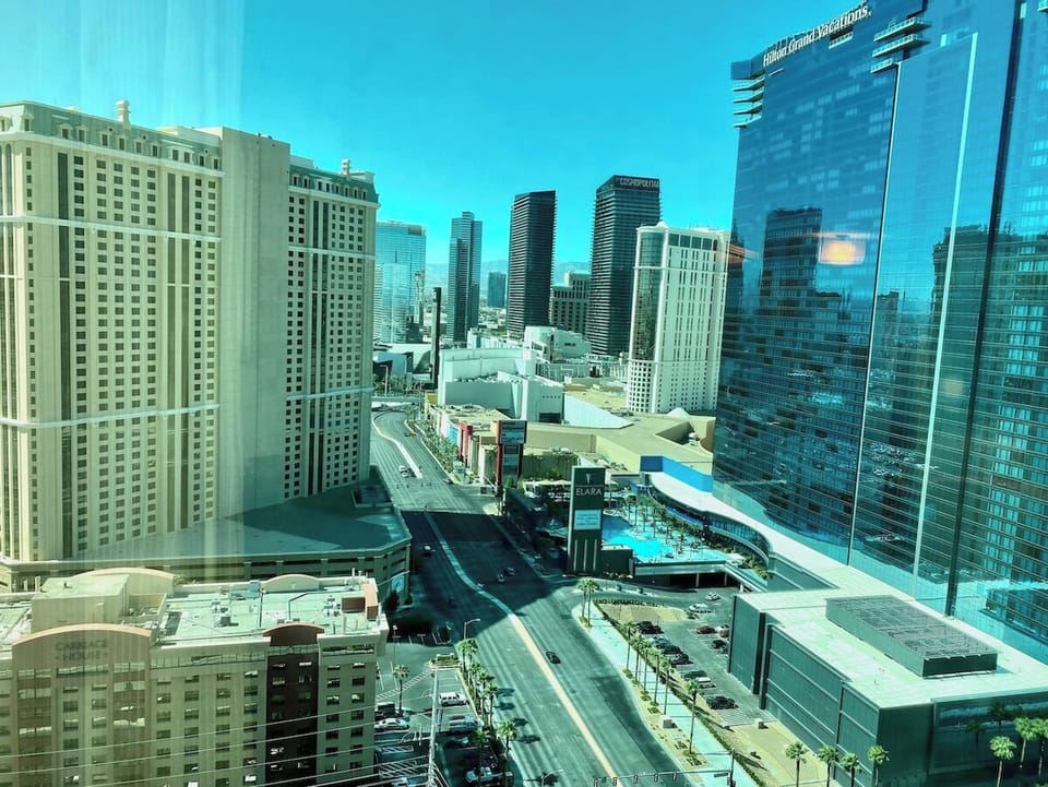 View from the unit. Street below is Harmon Ave. It meets up with Las Vegas Blvd. You can see Aria and Planet Hollywood Tower from the unit. Perfect location for Formula One viewing.