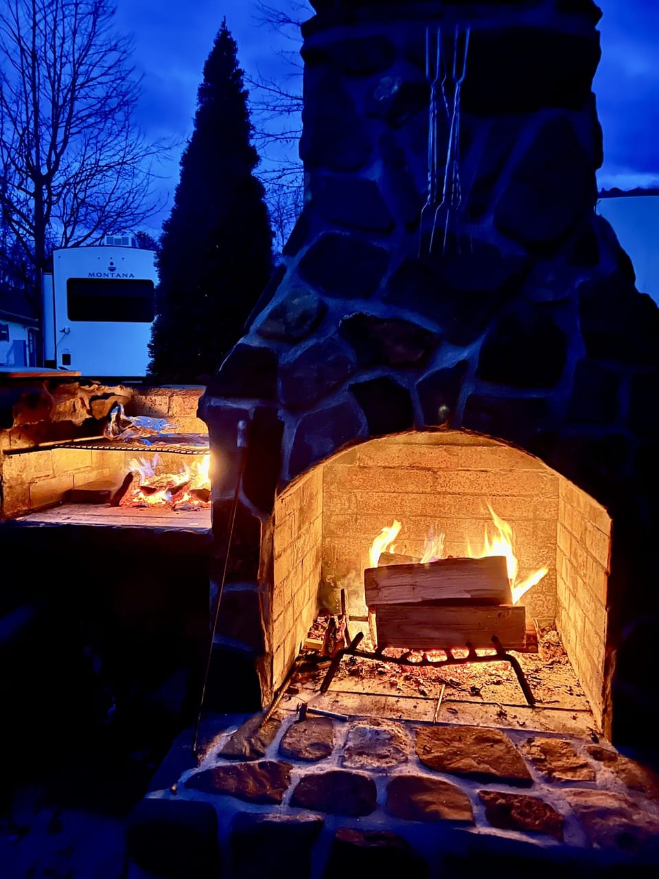 Enjoy the outside space with a nice fire in the evenings. Barbecue is at left.