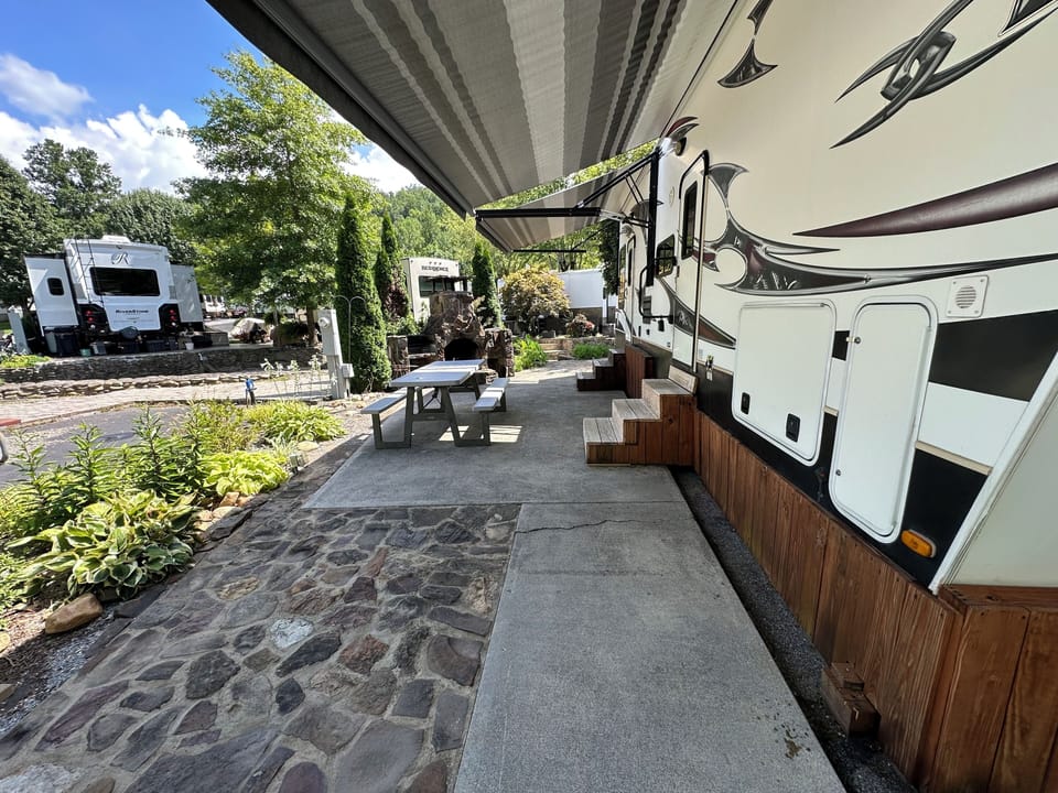 Outdoor space with picnic table for outdoor dining experience