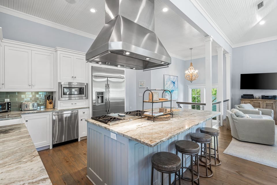 The kitchen is well-supplied for meal prep