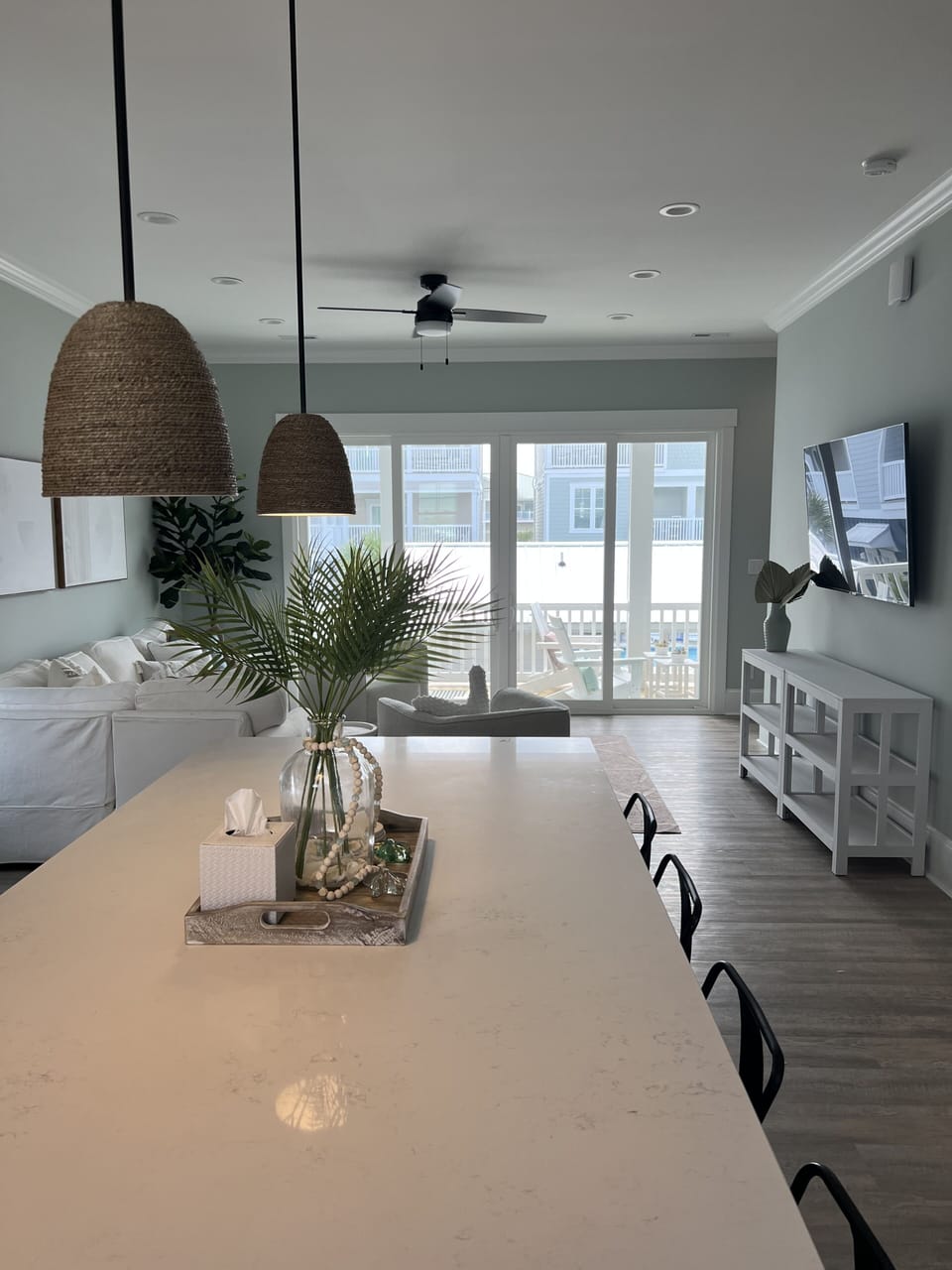 Full kitchen into living room on the middle floor.