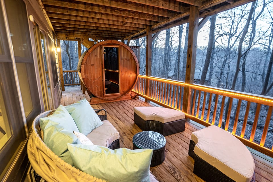 Sauna with lounge seating on lower deck