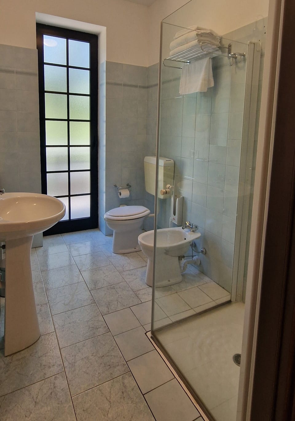 Hair dryer, bidet, towels, soap