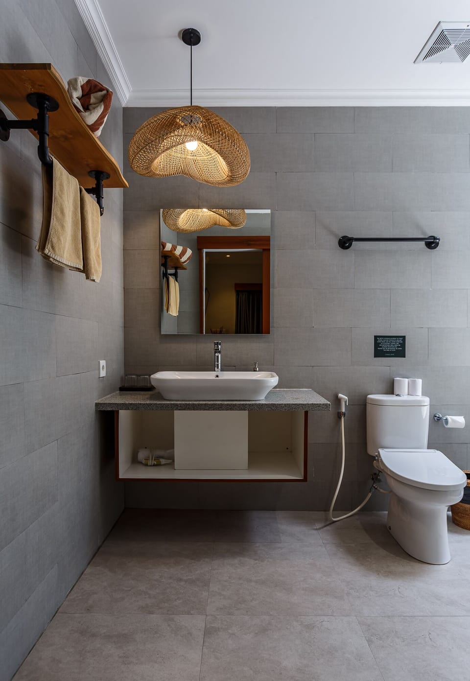 Hair dryer, electronic bidet, towels, soap
