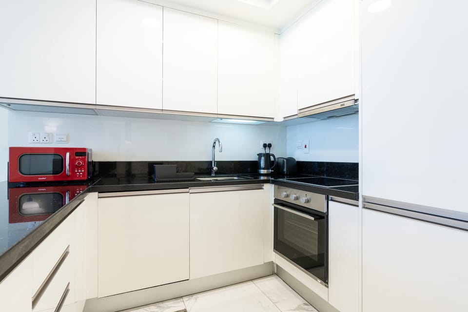 Panoramic Apartment | Private kitchen | Full-size fridge, microwave, oven, stovetop