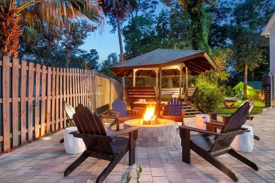 Outdoor Area | Covered Outdoor Dining Area with Fire Pit | Private Estate