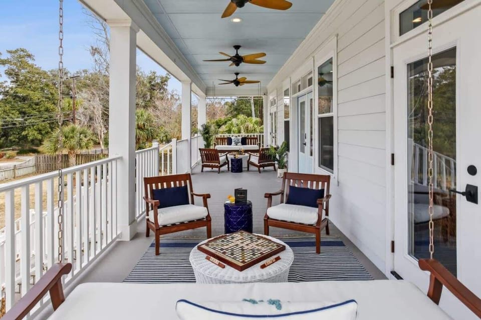 Exterior | Main House Front Porch with Seating and Ceiling Fan | Private Estate
