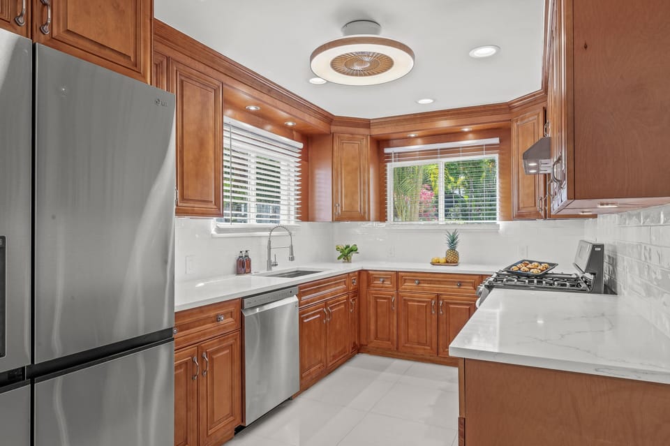 The kitchen is fully stocked with everything you need to make meals during your stay.
