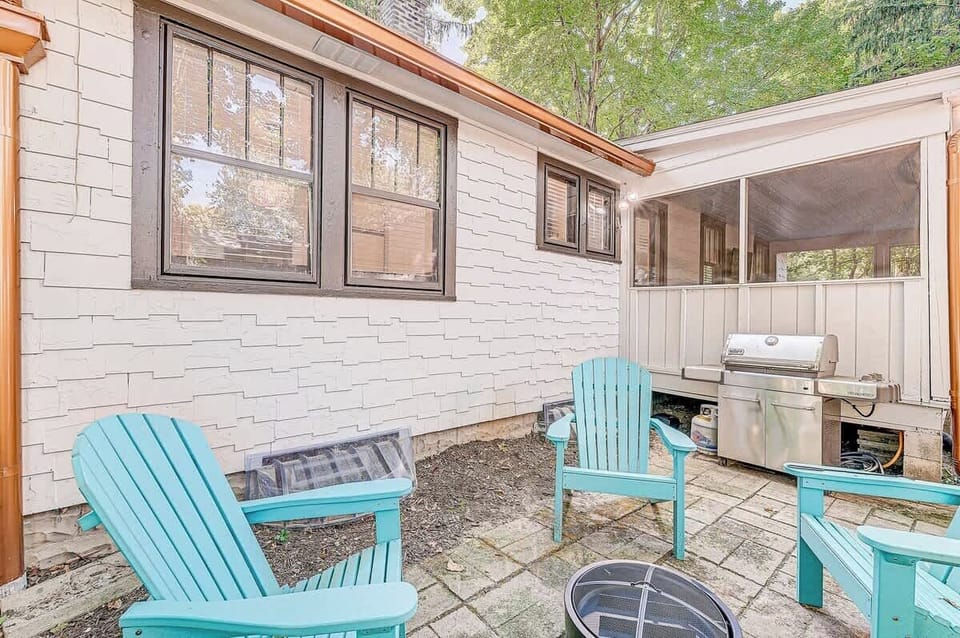 Patio with Fire Pit, Grill and Adirondack Chairs | Gather Outside for Easy Evenings and Open-Air Dining
