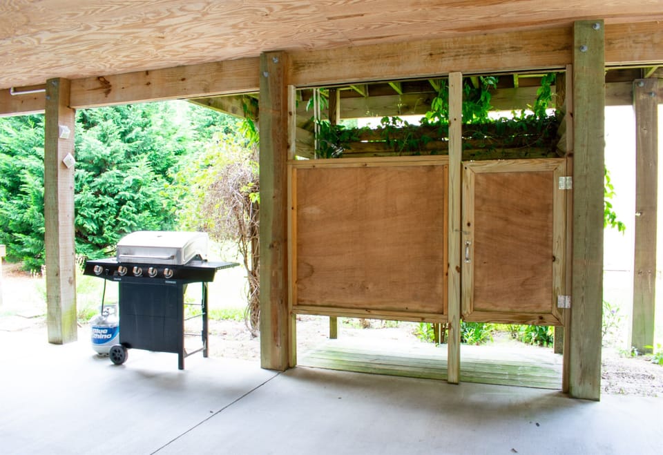 Outdoor shower and gas grill