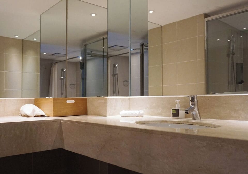 Deluxe Suite, 1 King Bed | Bathroom | Combined shower/tub, hair dryer, towels, shampoo