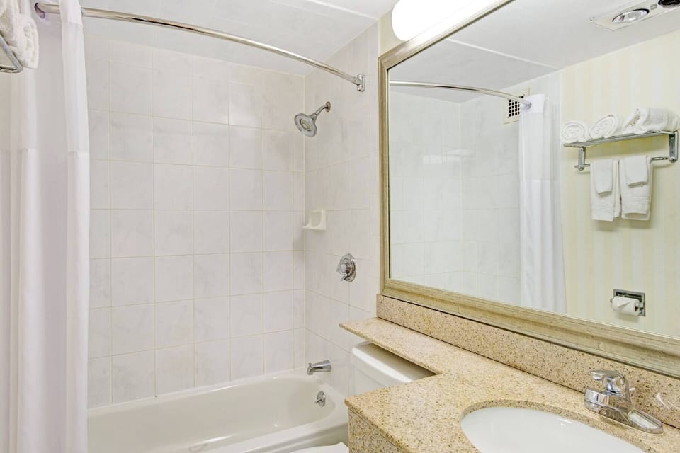 Combined shower/tub, free toiletries, hair dryer, towels