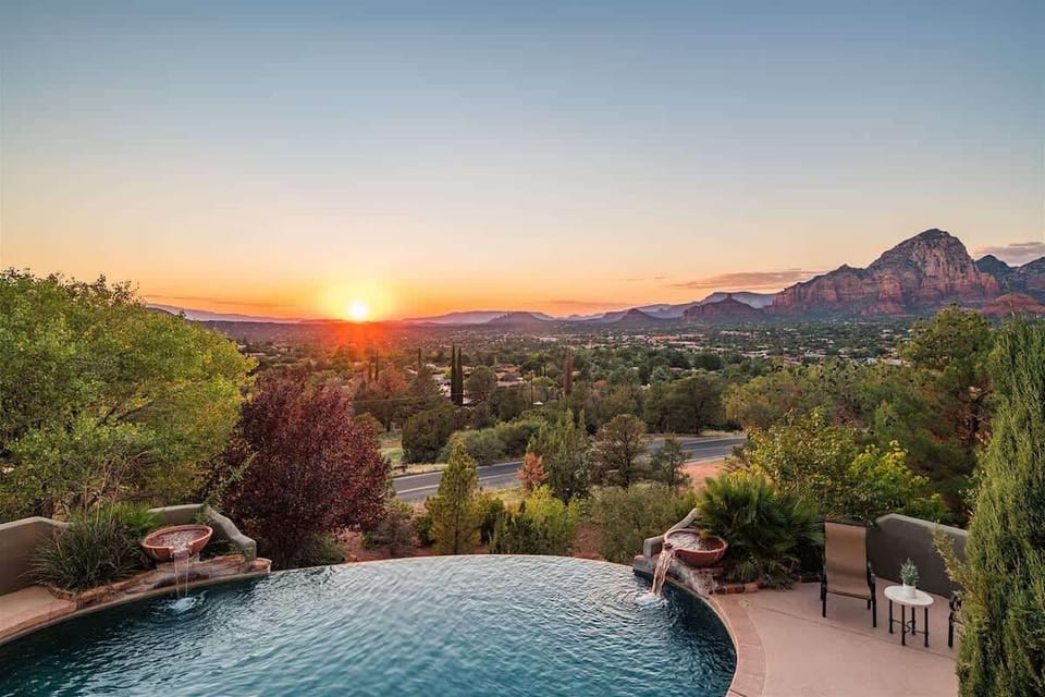 Enjoy the heated pool with nice water features