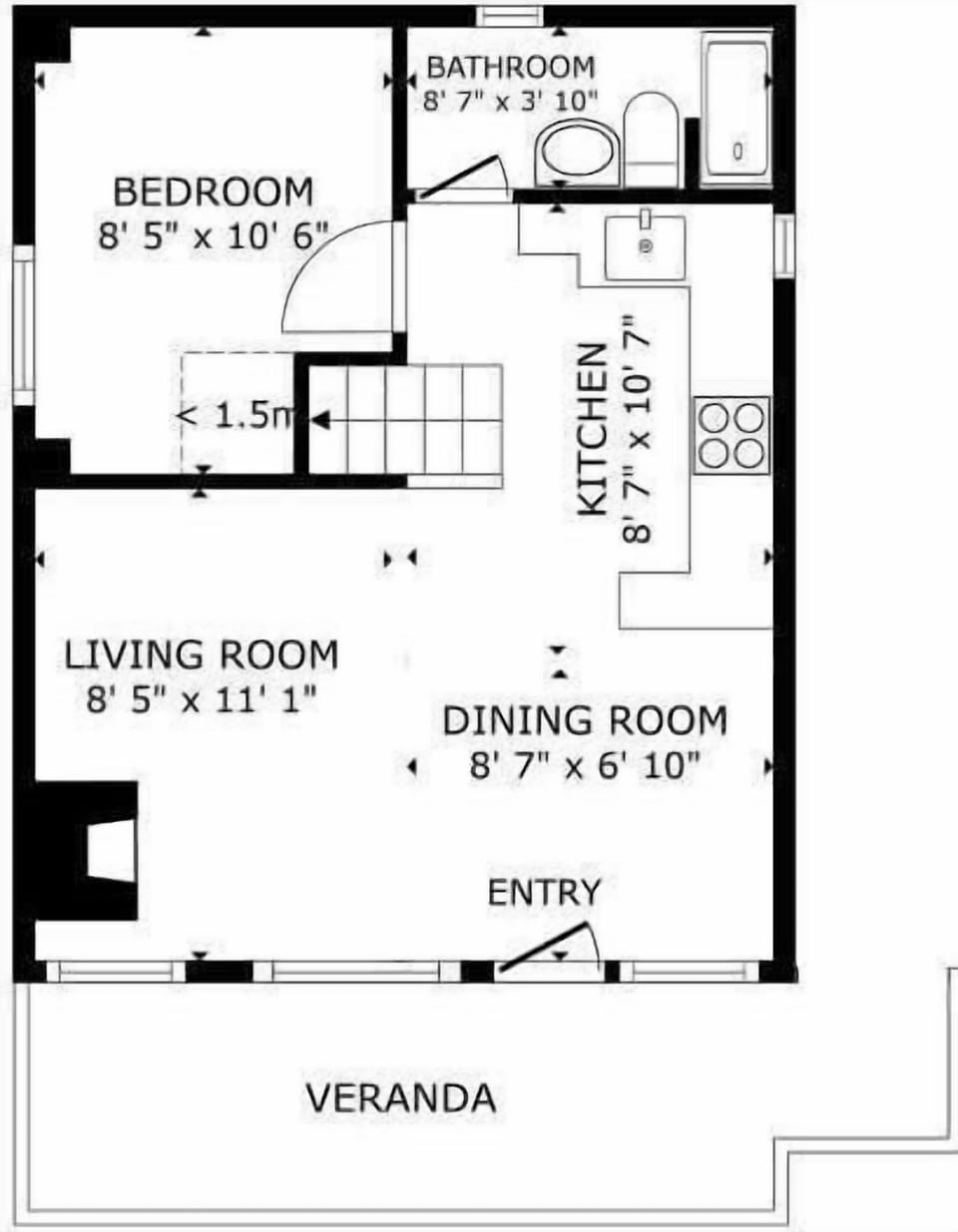 Main level layout showing living spaces, kitchen, bath, and bedroom locations.