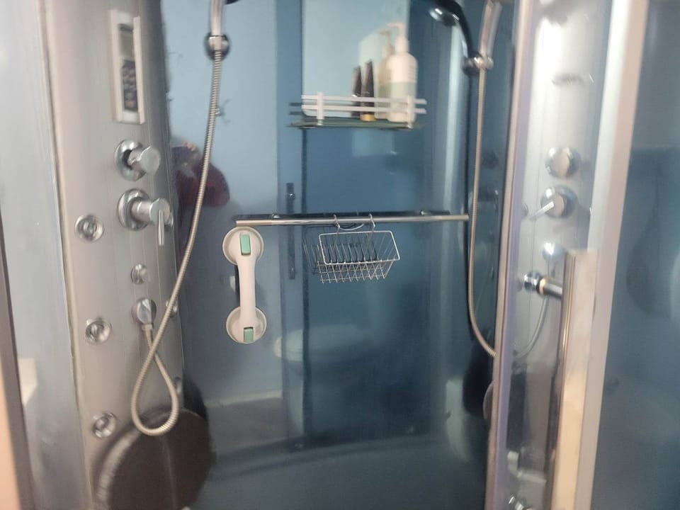 double shower with massage jets , rain shower and steam bath