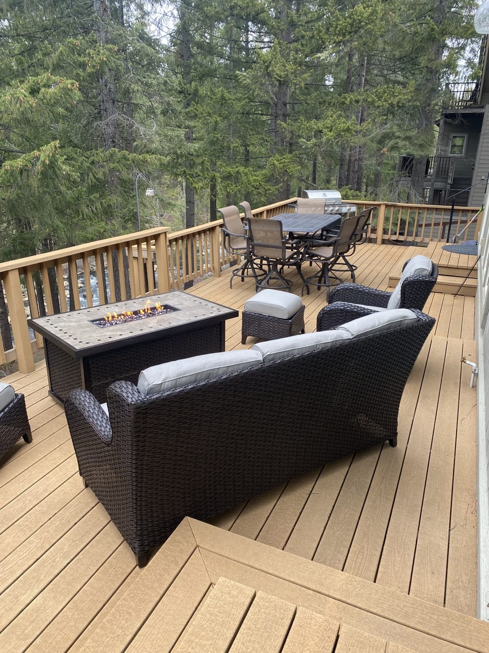 2 sets of seating area on the upper deck overlooking the Hamilton Branch 