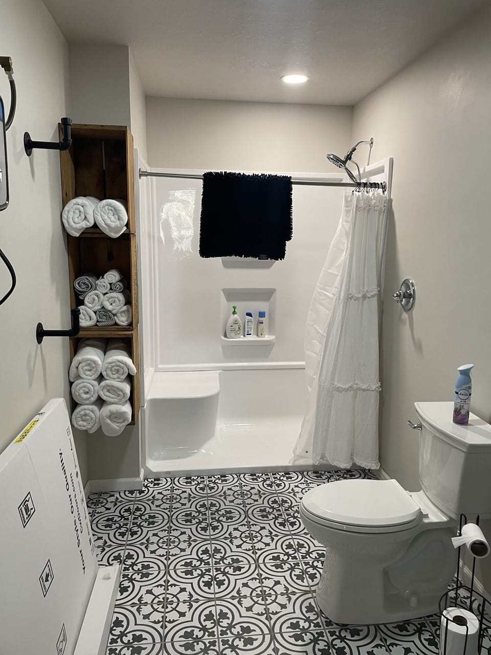 Full bathroom with walk in shower and one sink