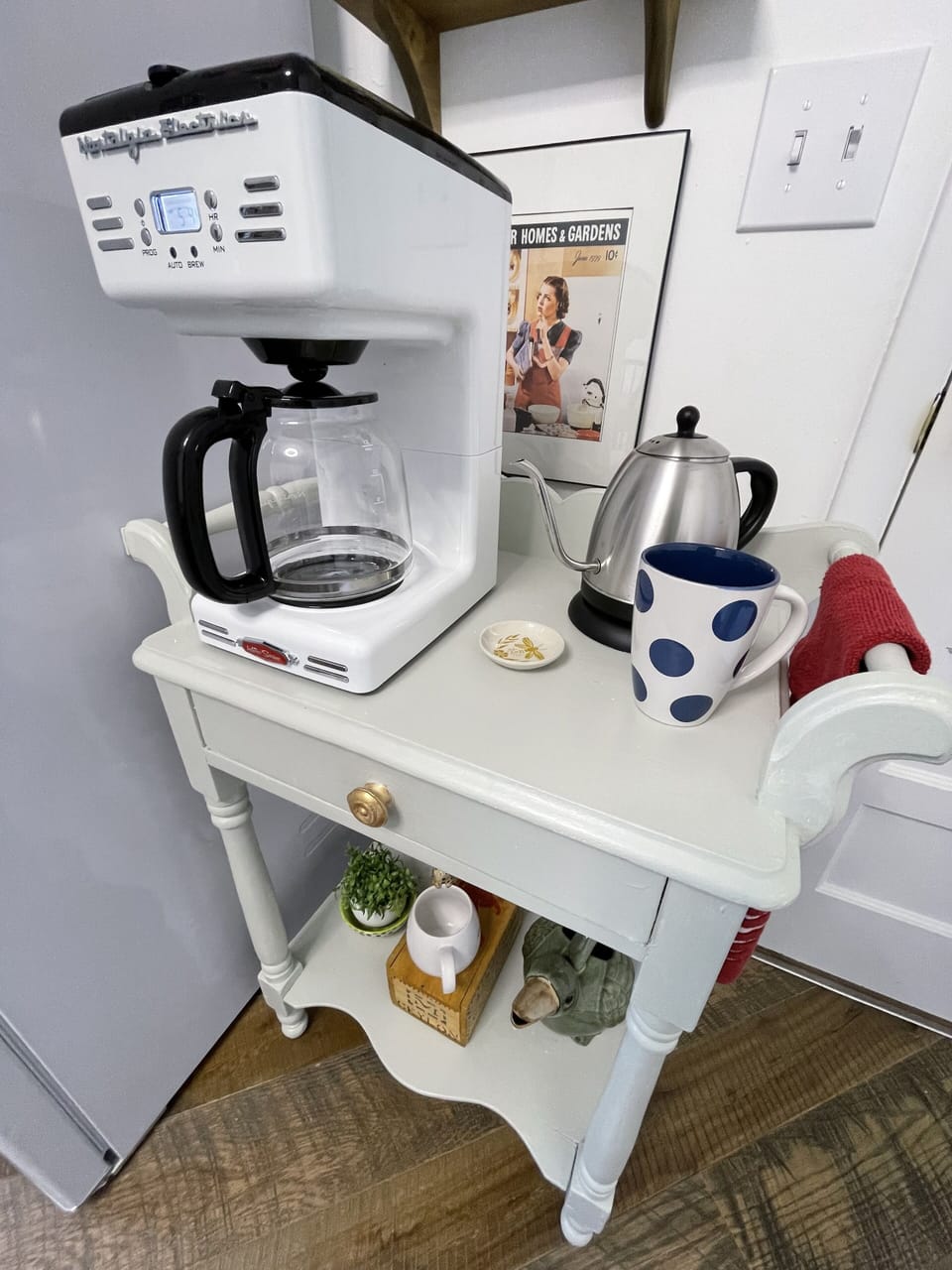 Drip coffee maker and electric teapot, and an assortment of coffees and teas