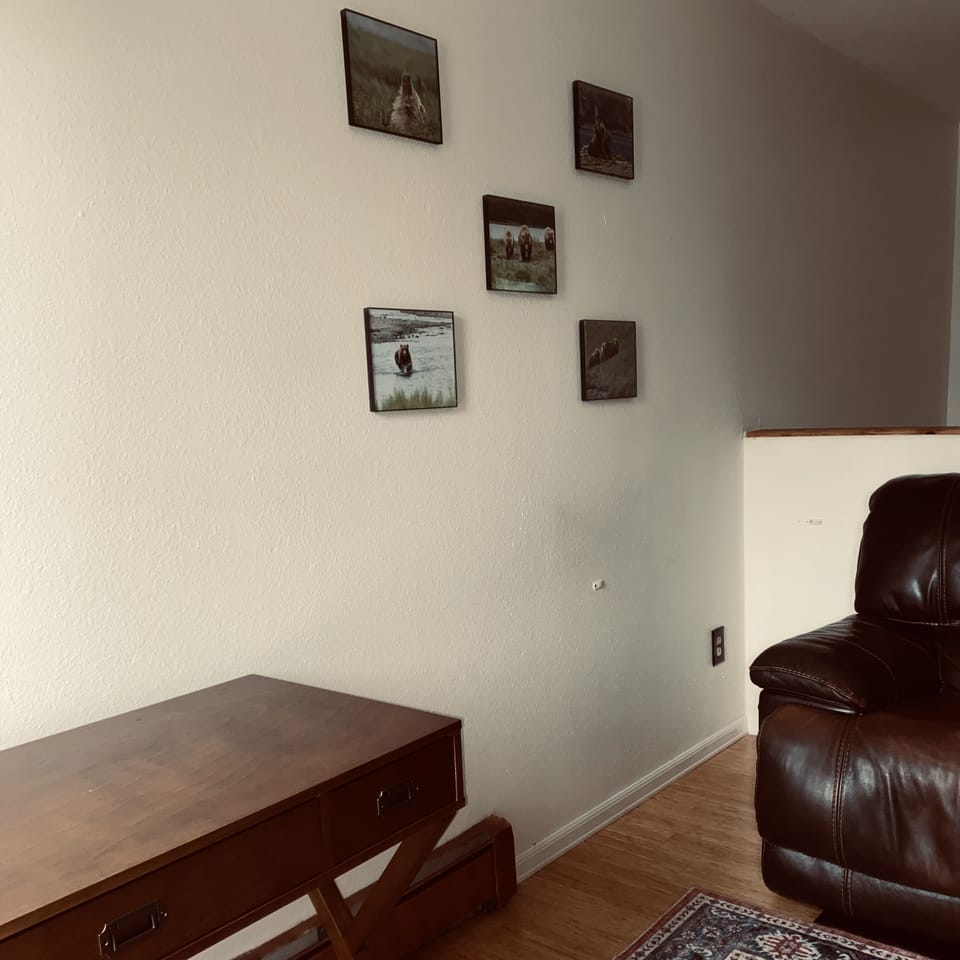 Private space containing a writers desk, comfortable chair, love seat, and TV. 