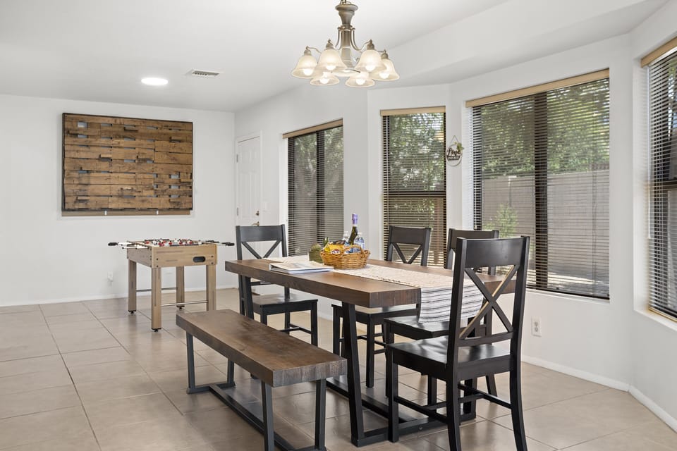 Dining area with a foosball table
