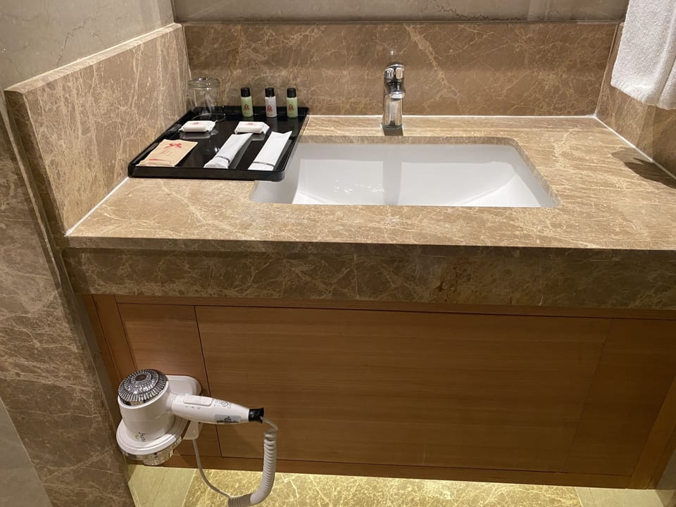 Shower, rainfall showerhead, hair dryer, slippers