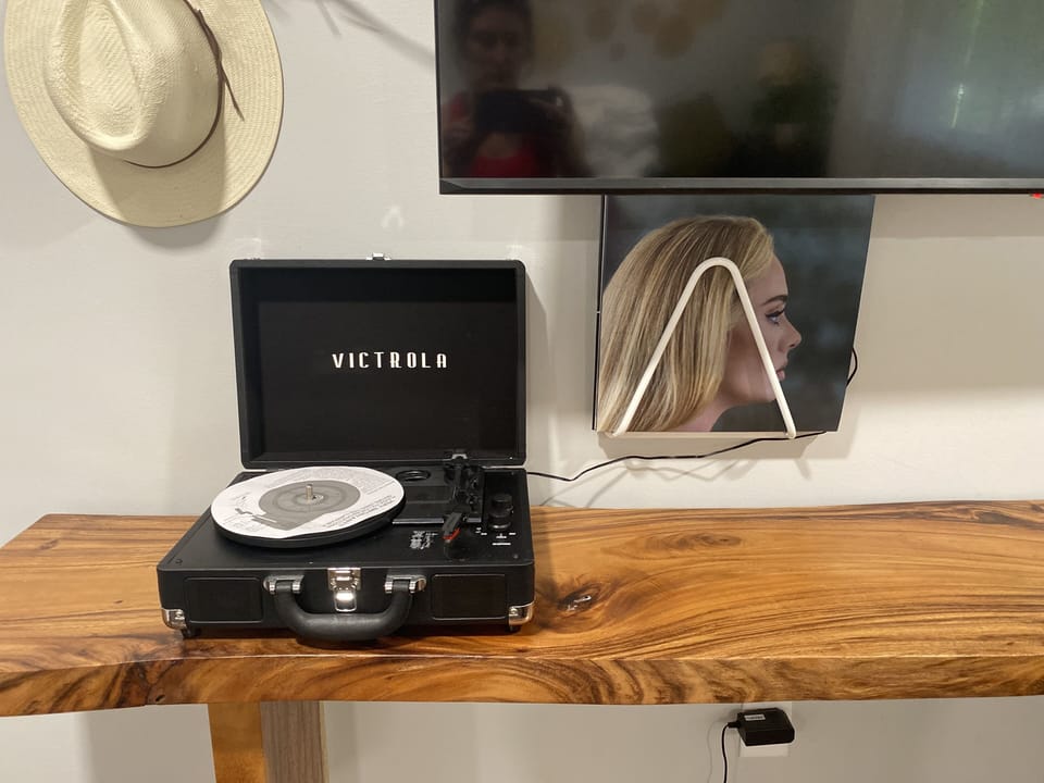 Record player ready for family dance party or crank tunes while you cook dinner