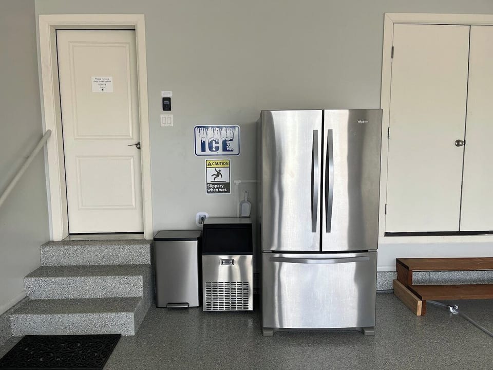 Here's your garage icemaker and second fridge/freezer for easy of loading your coolers, or a second spot for all your extra food and beverages.