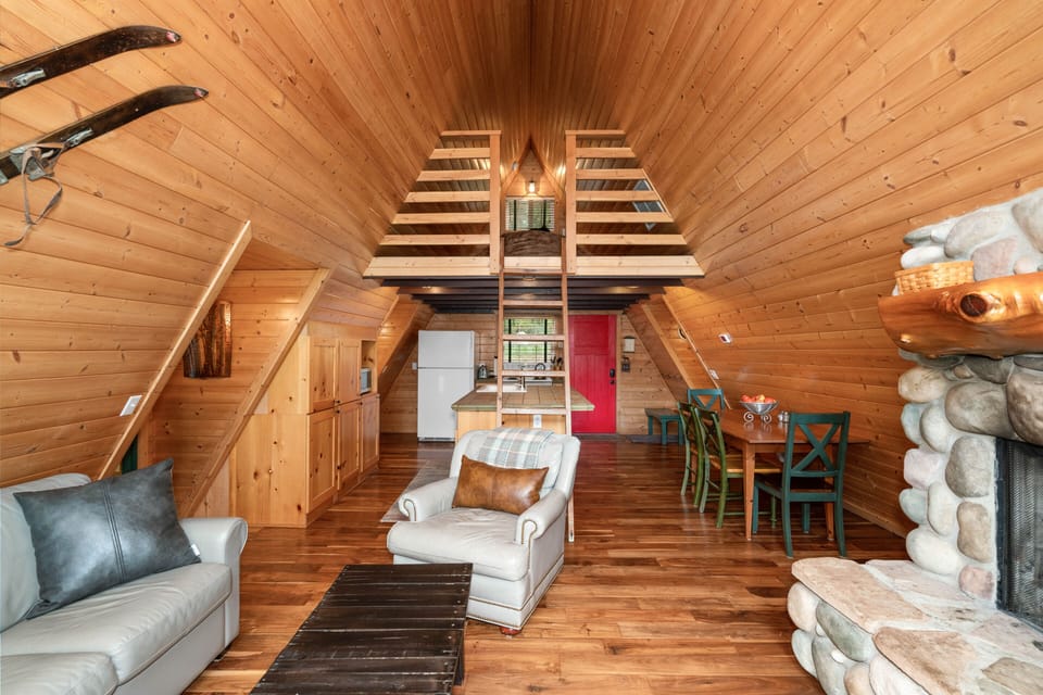 Beautiful pine ceiling throughout this classic A-frame cabin