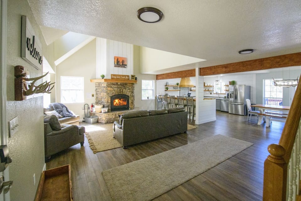 Open concept floor plan with a HUGE living room with a wood-burning fireplace