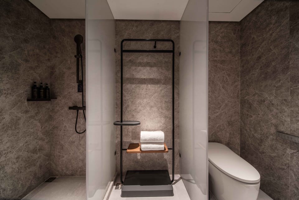 Shower, rainfall showerhead, hair dryer, slippers