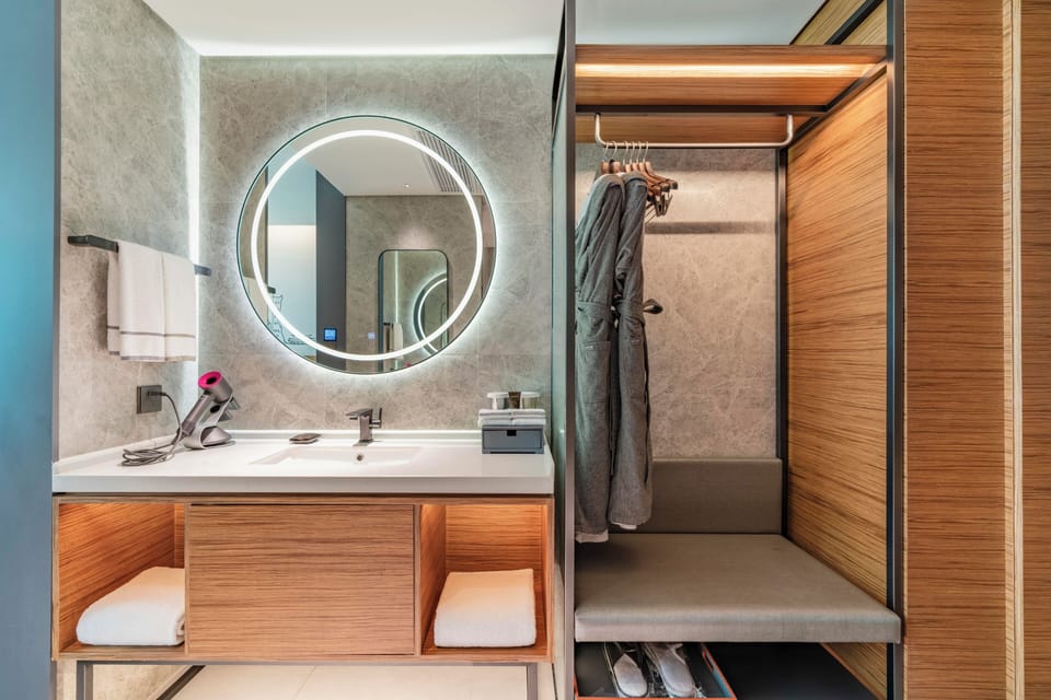 Shower, rainfall showerhead, hair dryer, slippers